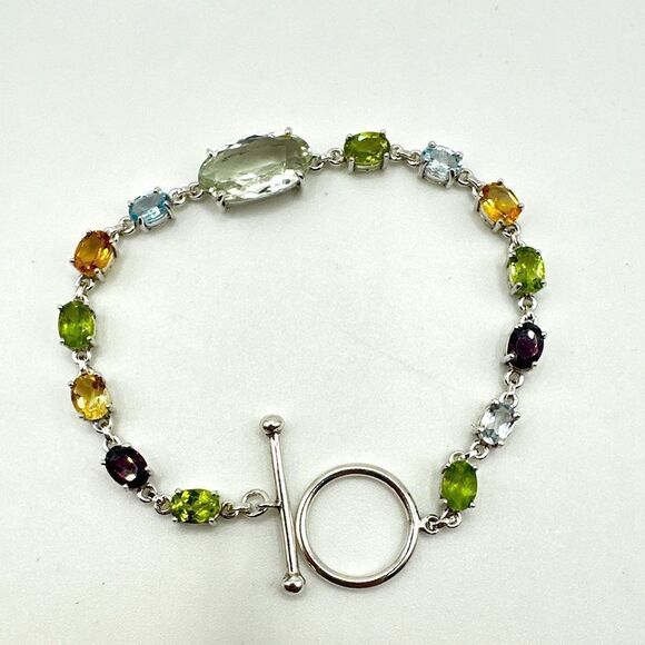 NWOT 7" One-of-a-kind multi-gemstone in sterling silver bracelet in 925! - Picture 1 of 12